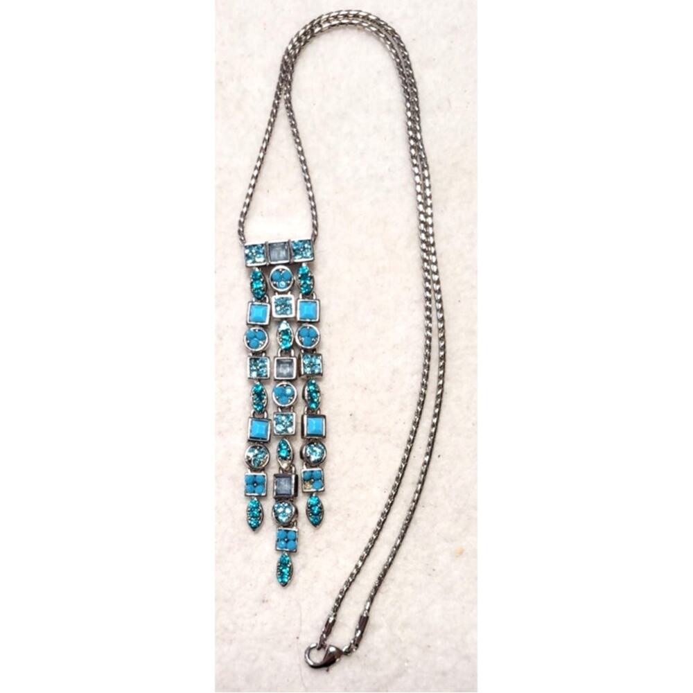Vtg Blue Rhinestones Multi Panel Fringe Statement Pendant Necklace Silver Tone